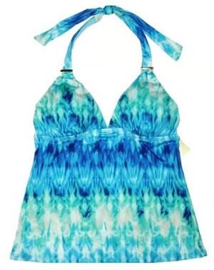 2 BAMBOO Size 32 B/C Blue Watercolor Tie-Dye Padded Tankini Top